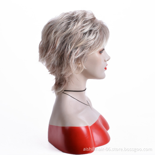 Wholesale heat resisitant short gold and  blonde fluffy deep wave fiber Synthetic hair wig for women